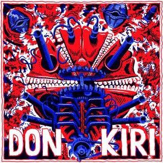 Blue, red and white drawing of a kind of round machine and the name donkiri