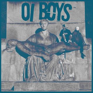 Picture of a monument celebrating some deads for a war with two persons sitting on it. One is wearing a white strange mask. Background and band name in turquoise blue.